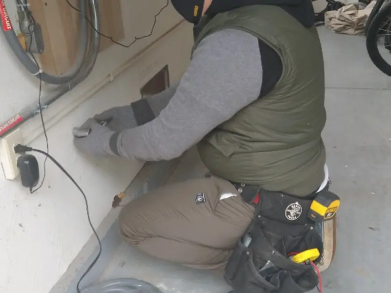 Electrician performing outlet wiring in a Rockland garage